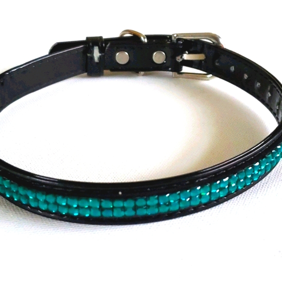 Dog Collar Green Iridescent Stones Faux Black Pate - Picture 2 of 14